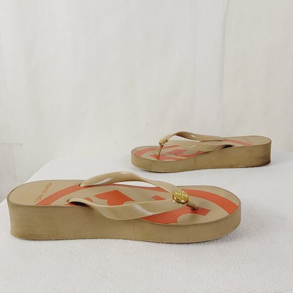 Tory Burch Logo thong wedge slip on sandal Size 8 orange and tan Casual - Picture 3 of 7